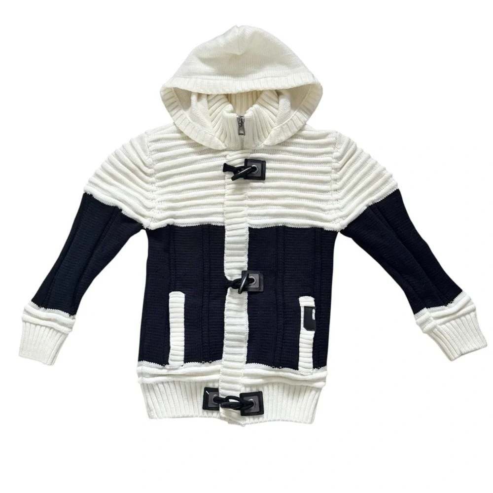 Black Pharaoh men’s heavy knit white black zip wool toggle hoodie sweater Sz M